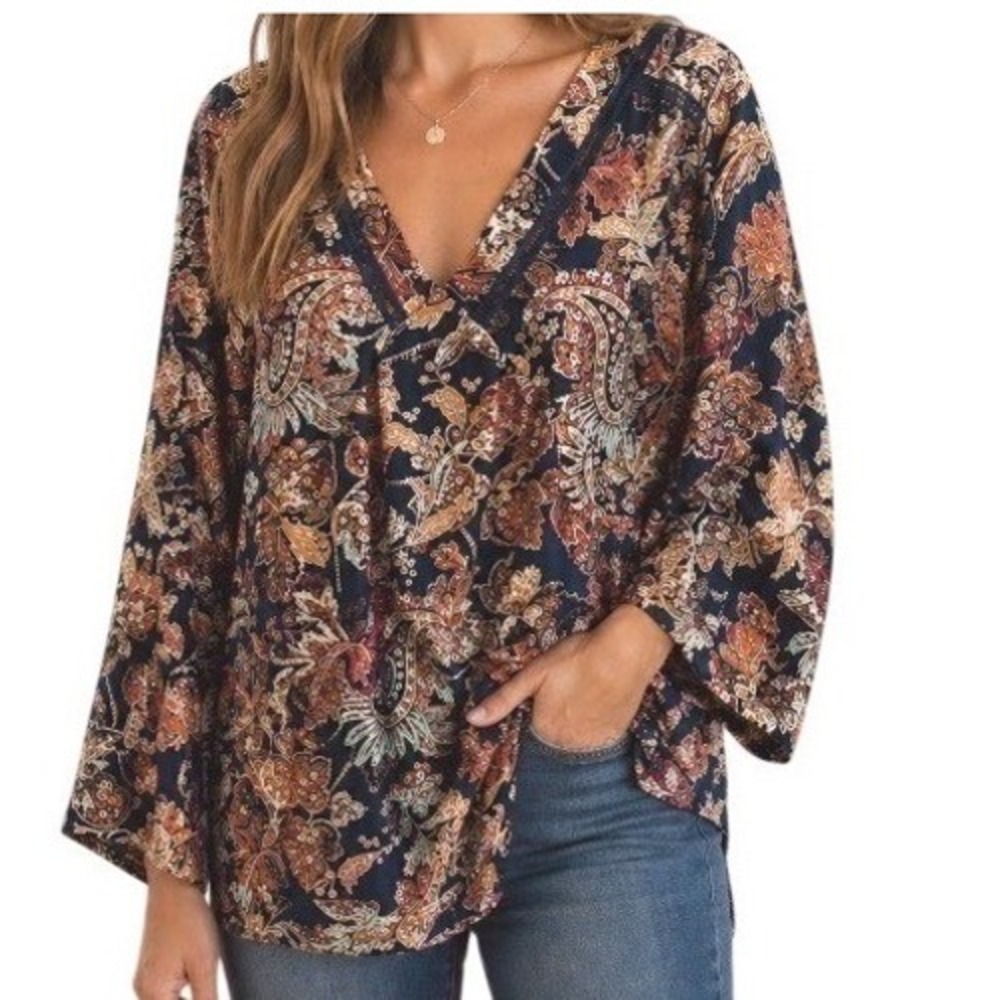 NEW Fall Colors Fits L XL Brown Black Top Flowy Whimsical Boho V-Neck Floral